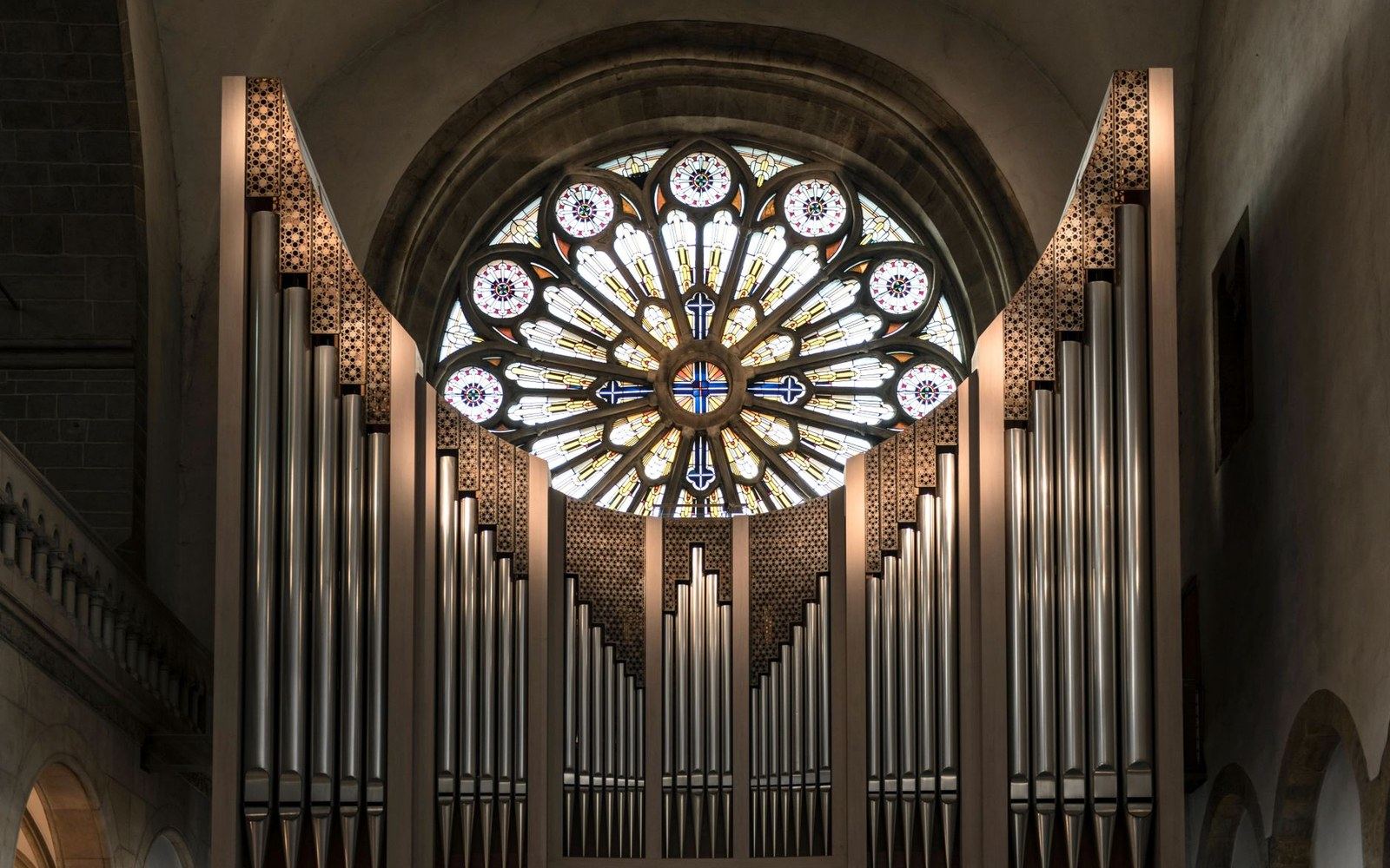 Music Hall rose window from inside the auditorium, natural light, detail of tracery